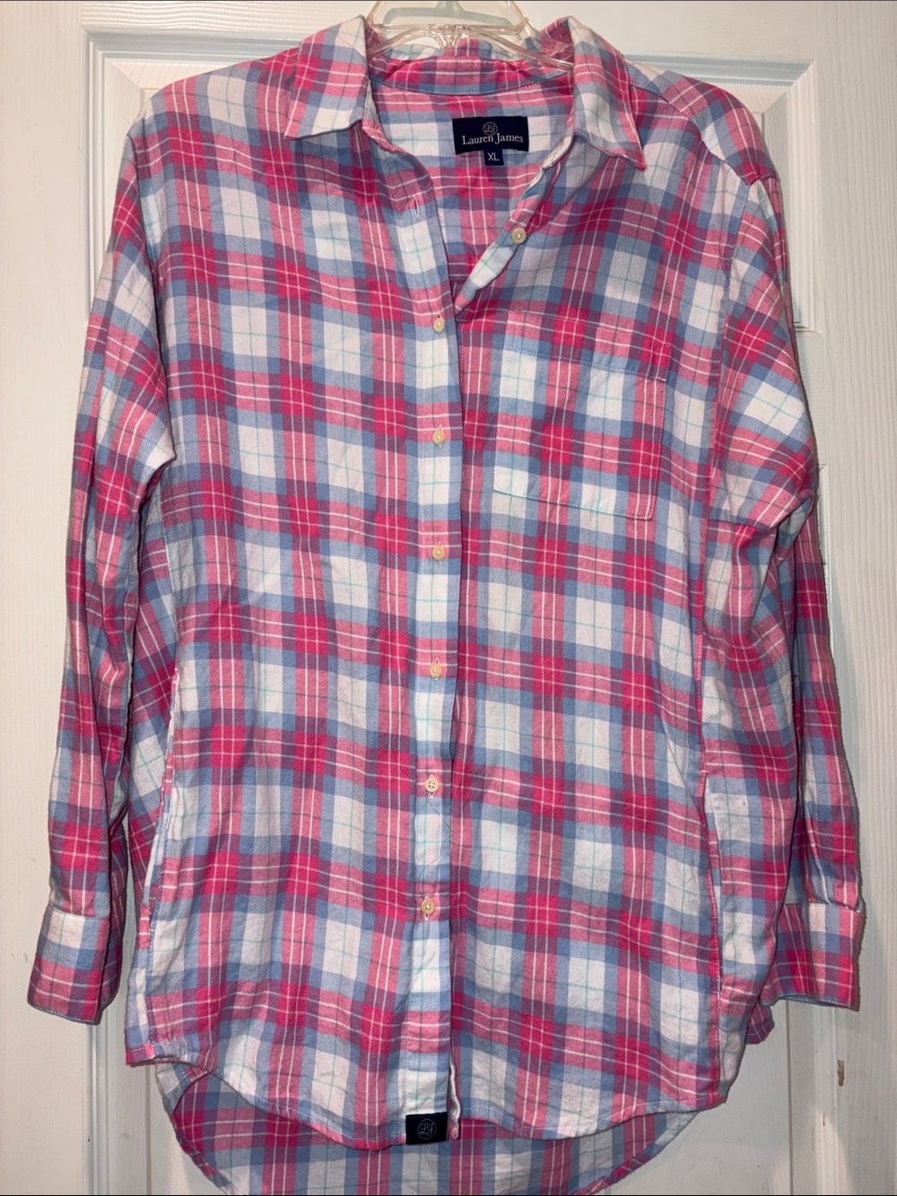 Lauren James Pink & White Plaid Flannel Shirt, Pockets, XL